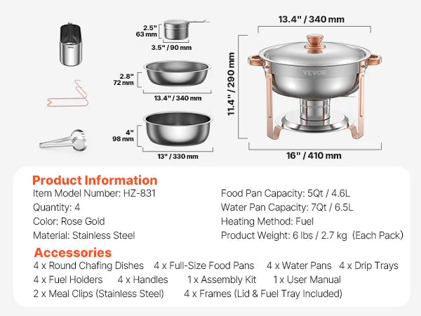 4 Pack Full Size Chafing Dish Stainless Steel w/Lids