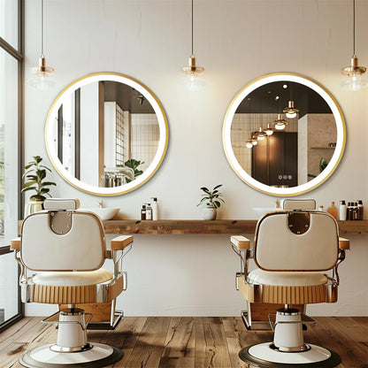 24 Inch Gold Frame Round Bathroom Mirror with 3 Color Dimmable Lights