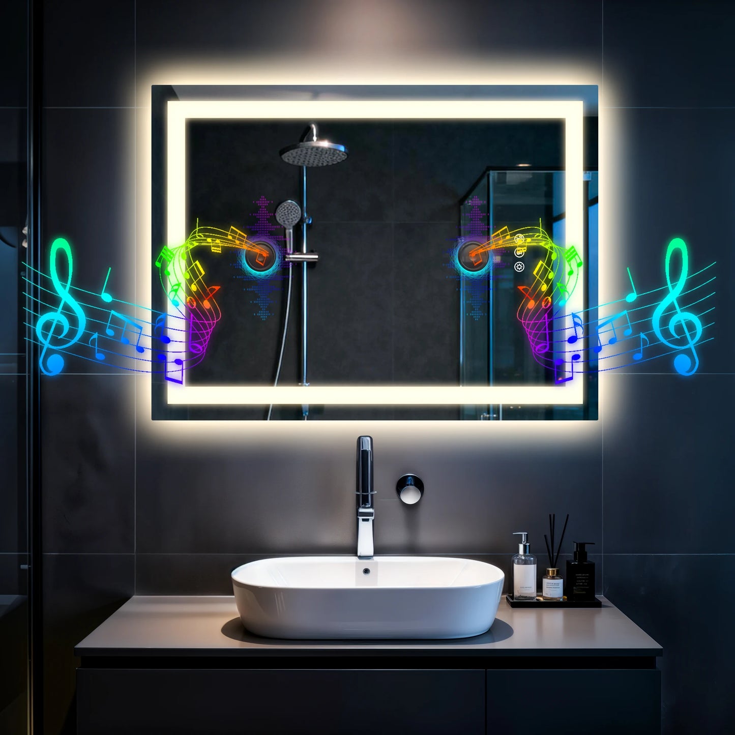 LED Bathroom Mirror Tempered Glass Mirror with Bluetooth, 3 Colors Dimmable