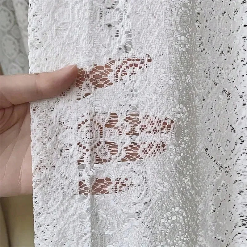 2pcs white lace embroidered mesh knitted sheer curtains.