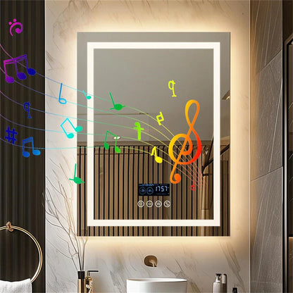 Smart LED Bathroom Mirror Rectangle Wall Mount Mirror w Bluetooth Speaker,Time,Temperature
