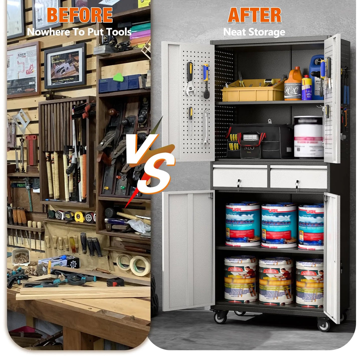 Metal Garage Storage Cabinet with Locking and Adjustable Shelves and  Wheels
