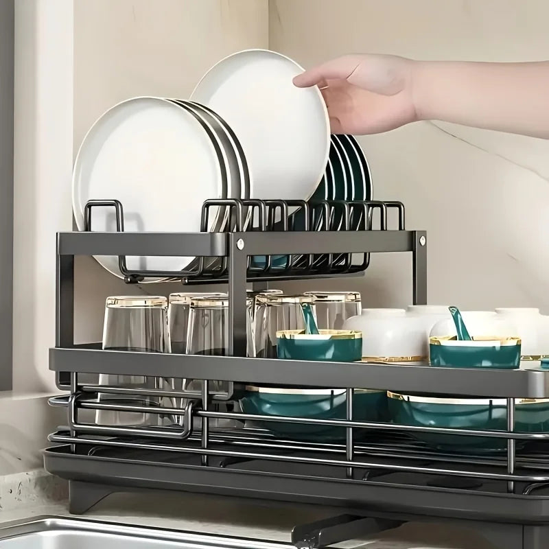 2-Tier Extendable Dish Drainer, with Draining Board.