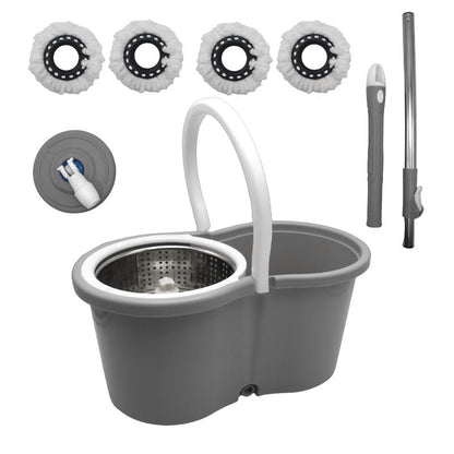 Spin Mop and Bucket with Wringer Set and 4 Microfiber Mop Refills, Stainless Steel, Extended Handle
