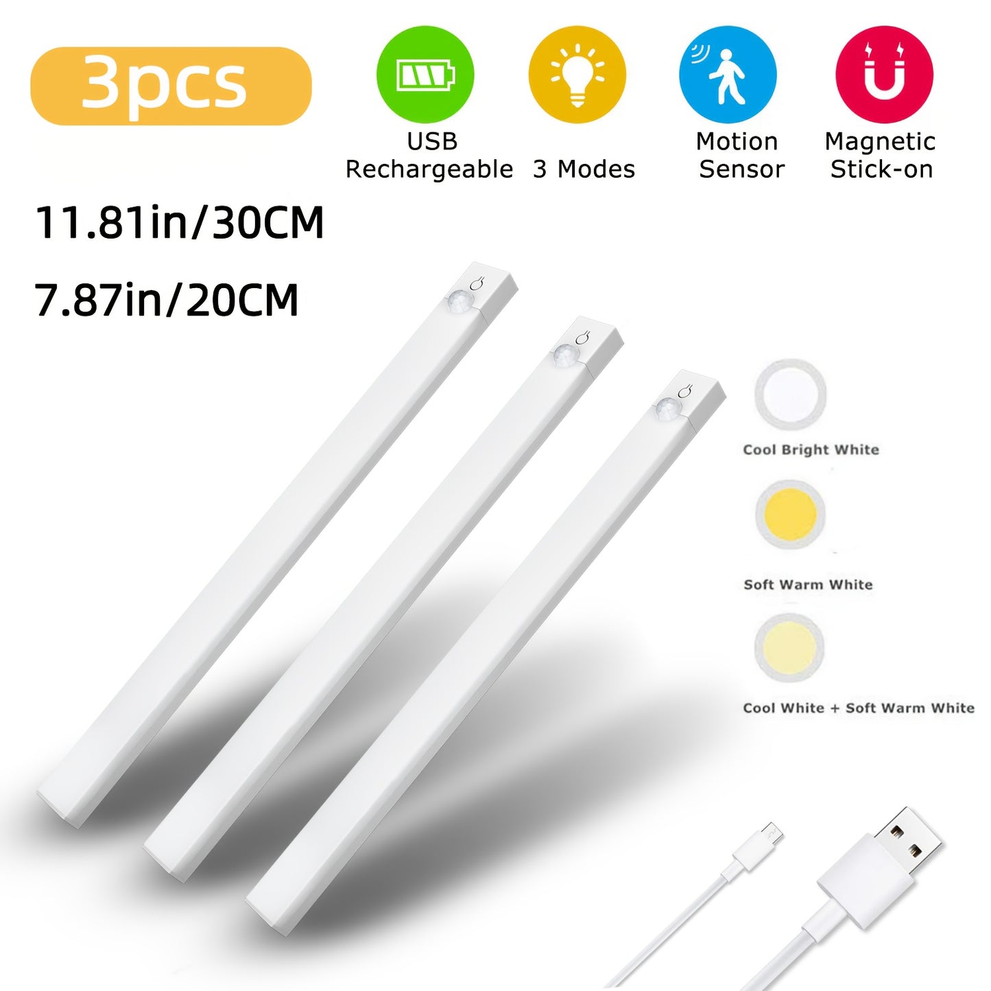 Set of 3 LED Lights with Motion Detection - Adjustable Brightness for Cabinets, Rechargeable Via USB, Featuring Three Color Temperatures (3000K/4500K/6000K), Suitable for Use As Night Lights in Bedrooms, Staircases, Kitchens,