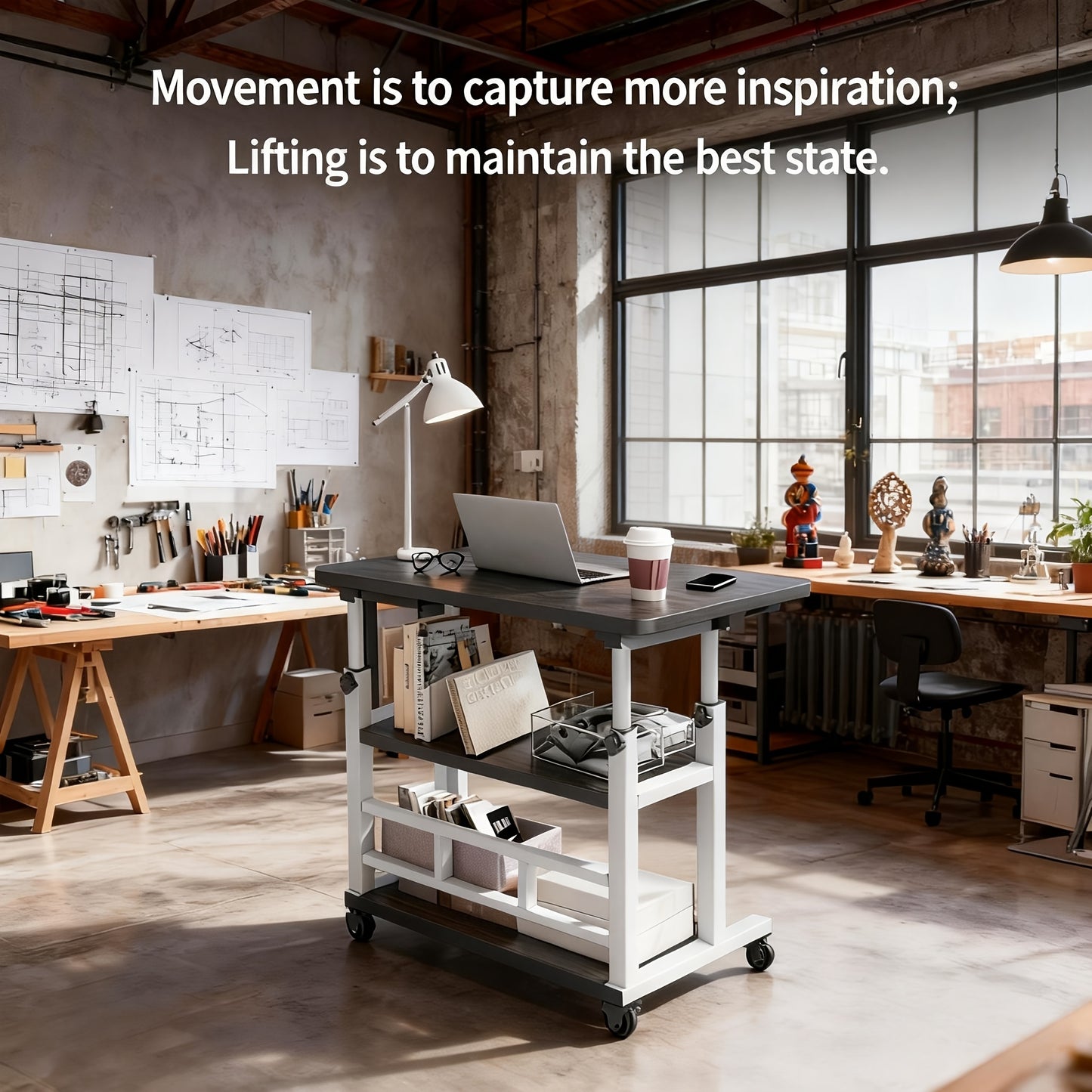 Multifunctional Standing Desk, Height Adjustable 23.62"-35.43", Universal Wheels