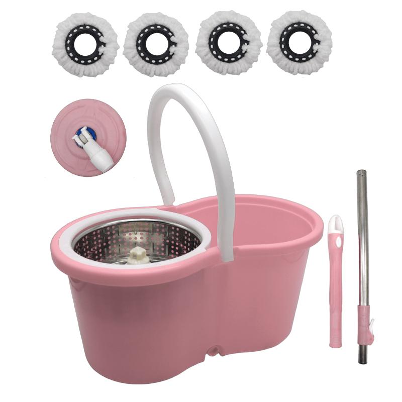 Spin Mop and Bucket with Wringer Set and 4 Microfiber Mop Refills, Stainless Steel, Extended Handle