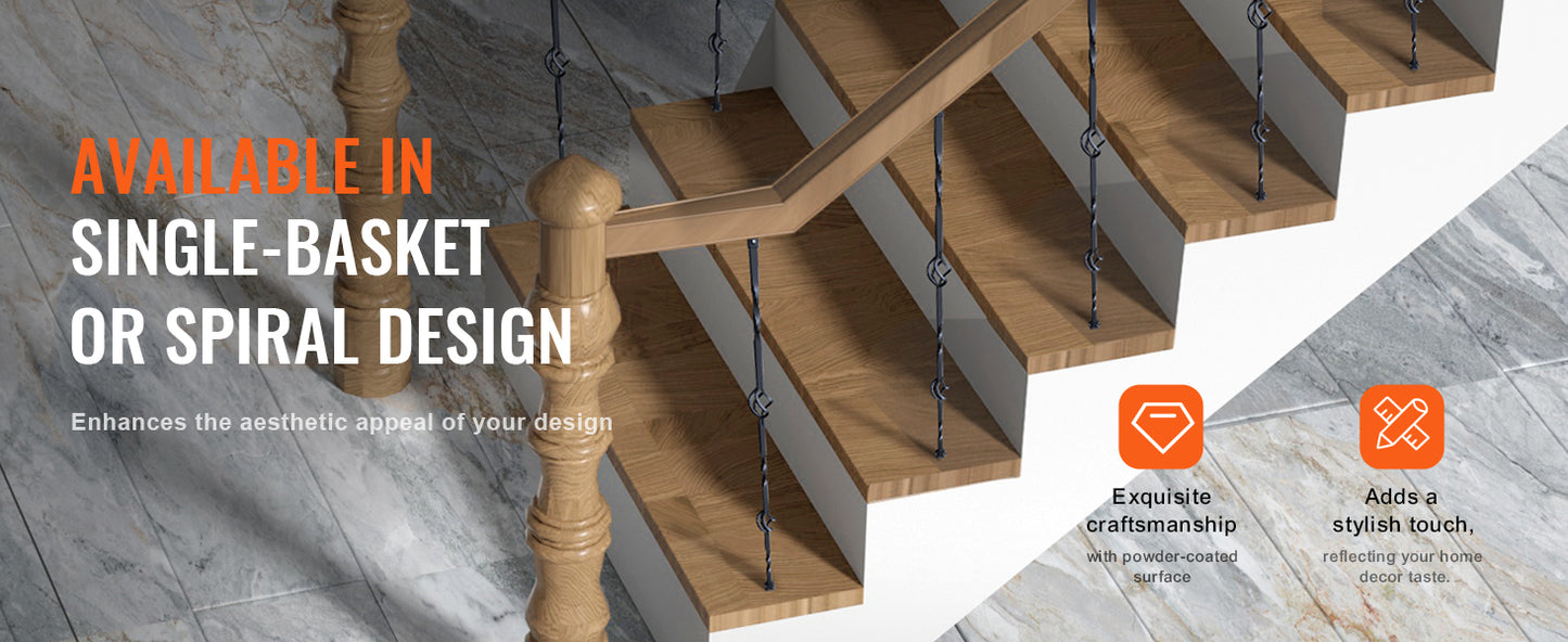 Staircase Metal Balusters- Galvanized Banister Spindles w/ Hollow Baskets Spiral