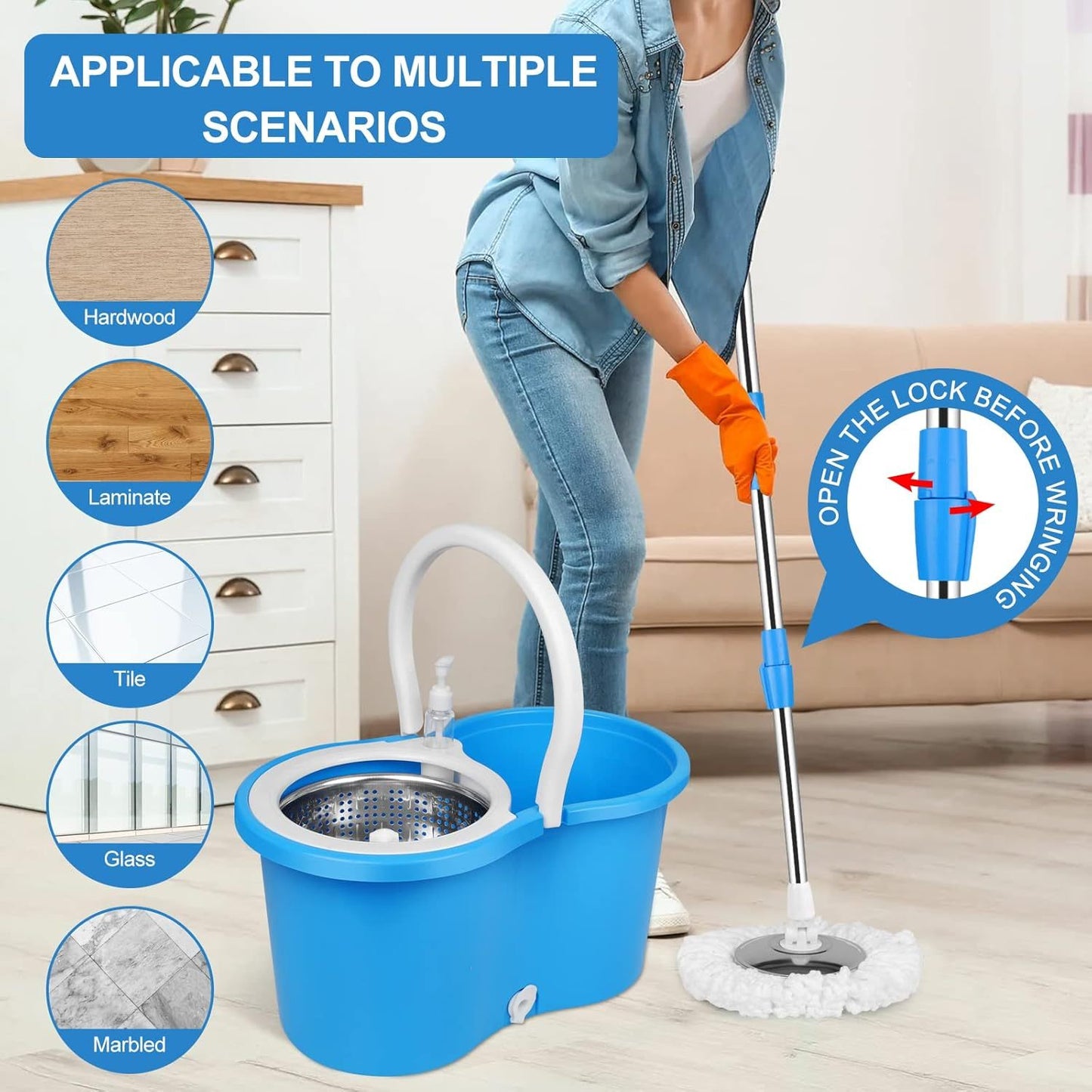 Spin Mop and Bucket with Wringer Set and 4 Microfiber Mop Refills, Stainless Steel, Extended Handle