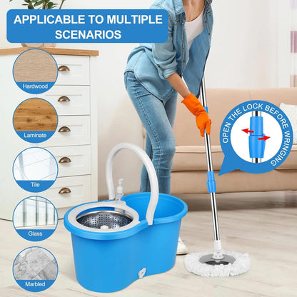 Spin Mop and Bucket with Wringer Set and 4 Microfiber Mop Refills, Stainless Steel, Extended Handle