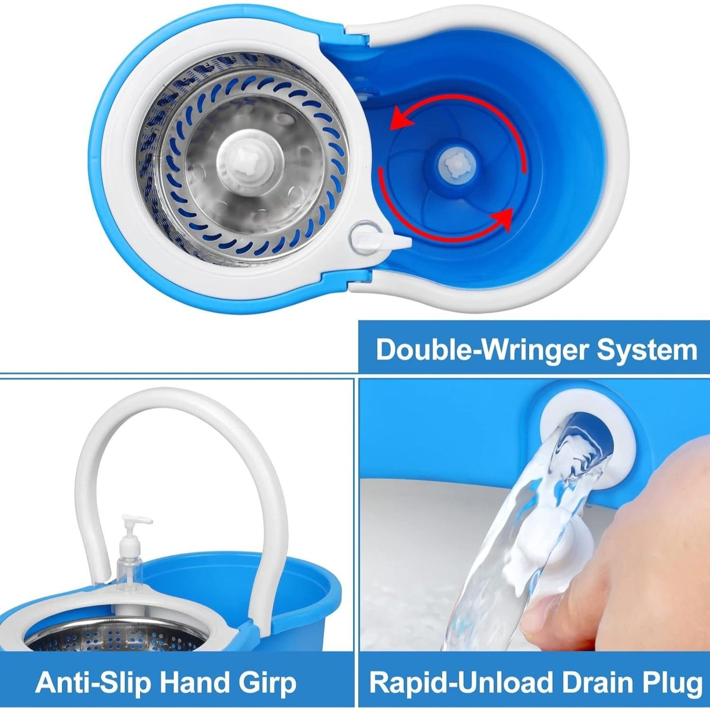 Spin Mop and Bucket with Wringer Set and 4 Microfiber Mop Refills, Stainless Steel, Extended Handle