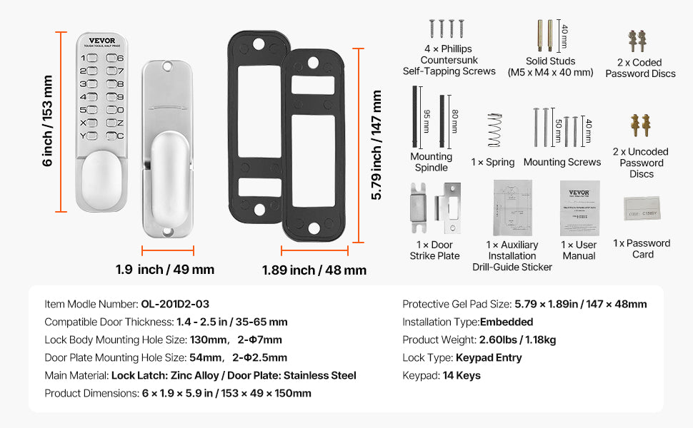 Mechanical Keyless Entry Door Lock 14 Key