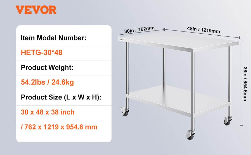 Stainless Steel Work Prep Table w/4 Wheels 3 Adjustable Height