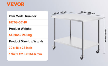 Stainless Steel Work Prep Table w/4 Wheels 3 Adjustable Height