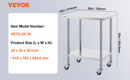 Stainless Steel Work Prep Table w/4 Wheels 3 Adjustable Height