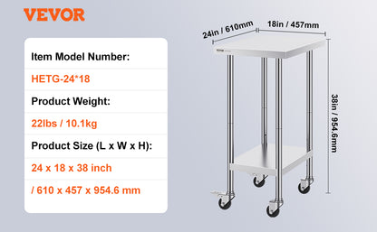 Stainless Steel Work Prep Table w/4 Wheels 3 Adjustable Height