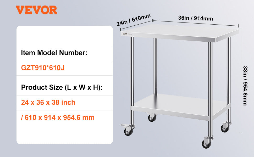 Stainless Steel Work Prep Table w/4 Wheels 3 Adjustable Height