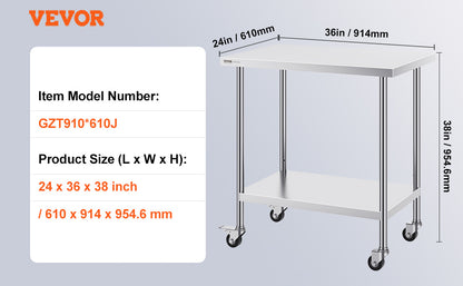 Stainless Steel Work Prep Table w/4 Wheels 3 Adjustable Height