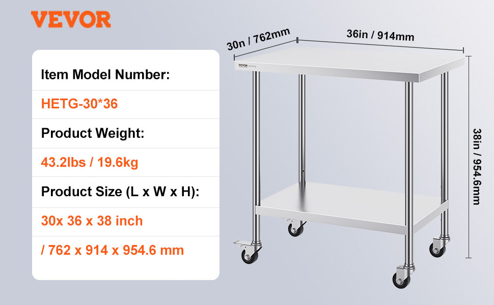 Stainless Steel Work Prep Table w/4 Wheels 3 Adjustable Height