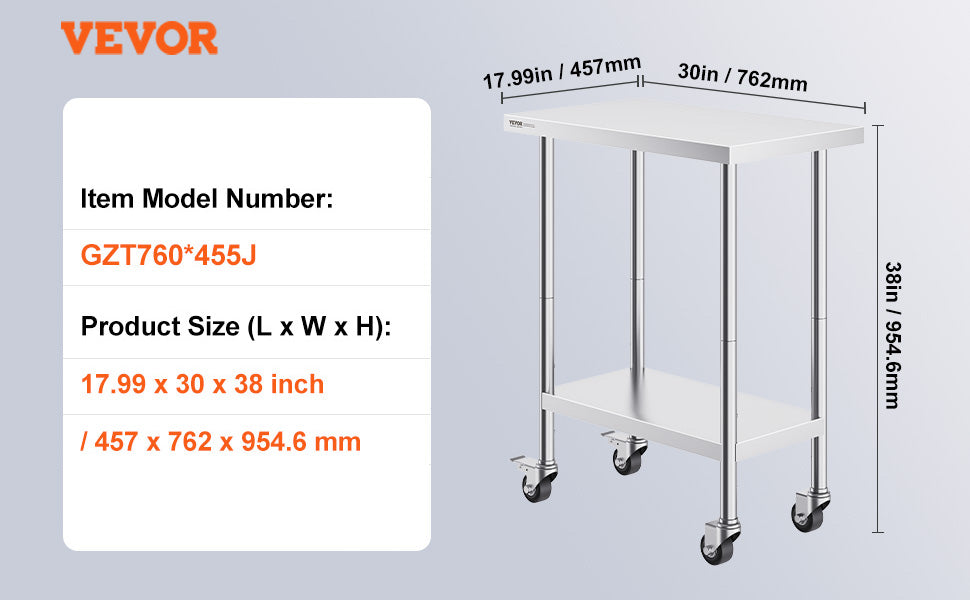 Stainless Steel Work Prep Table w/4 Wheels 3 Adjustable Height