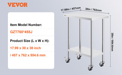 Stainless Steel Work Prep Table w/4 Wheels 3 Adjustable Height