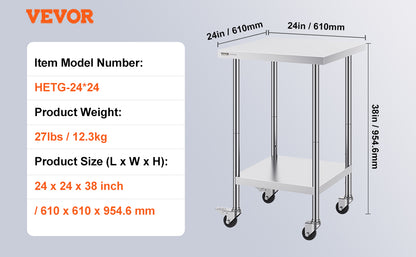 Stainless Steel Work Prep Table w/4 Wheels 3 Adjustable Height