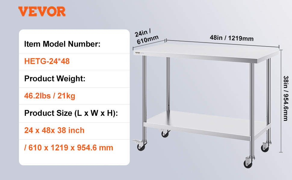 Stainless Steel Work Prep Table w/4 Wheels 3 Adjustable Height