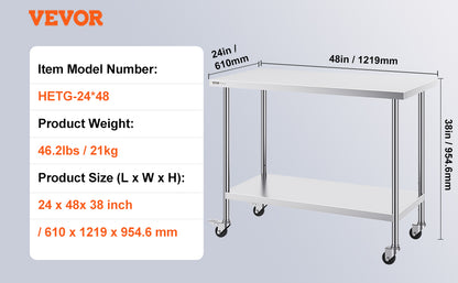 Stainless Steel Work Prep Table w/4 Wheels 3 Adjustable Height