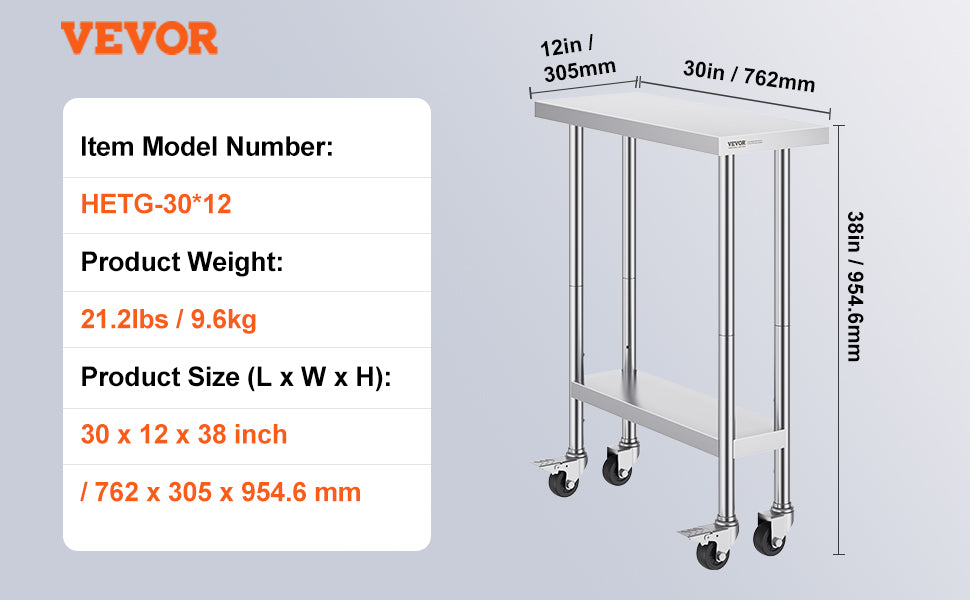 Stainless Steel Work Prep Table w/4 Wheels 3 Adjustable Height