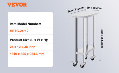 Stainless Steel Work Prep Table w/4 Wheels 3 Adjustable Height