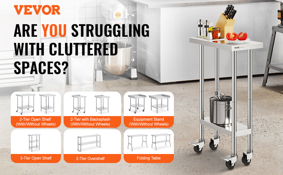 Stainless Steel Work Prep Table w/4 Wheels 3 Adjustable Height
