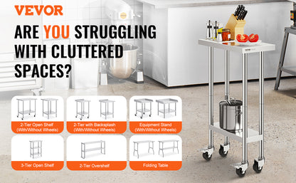 Stainless Steel Work Prep Table w/4 Wheels 3 Adjustable Height