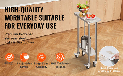 Stainless Steel Work Prep Table w/4 Wheels 3 Adjustable Height
