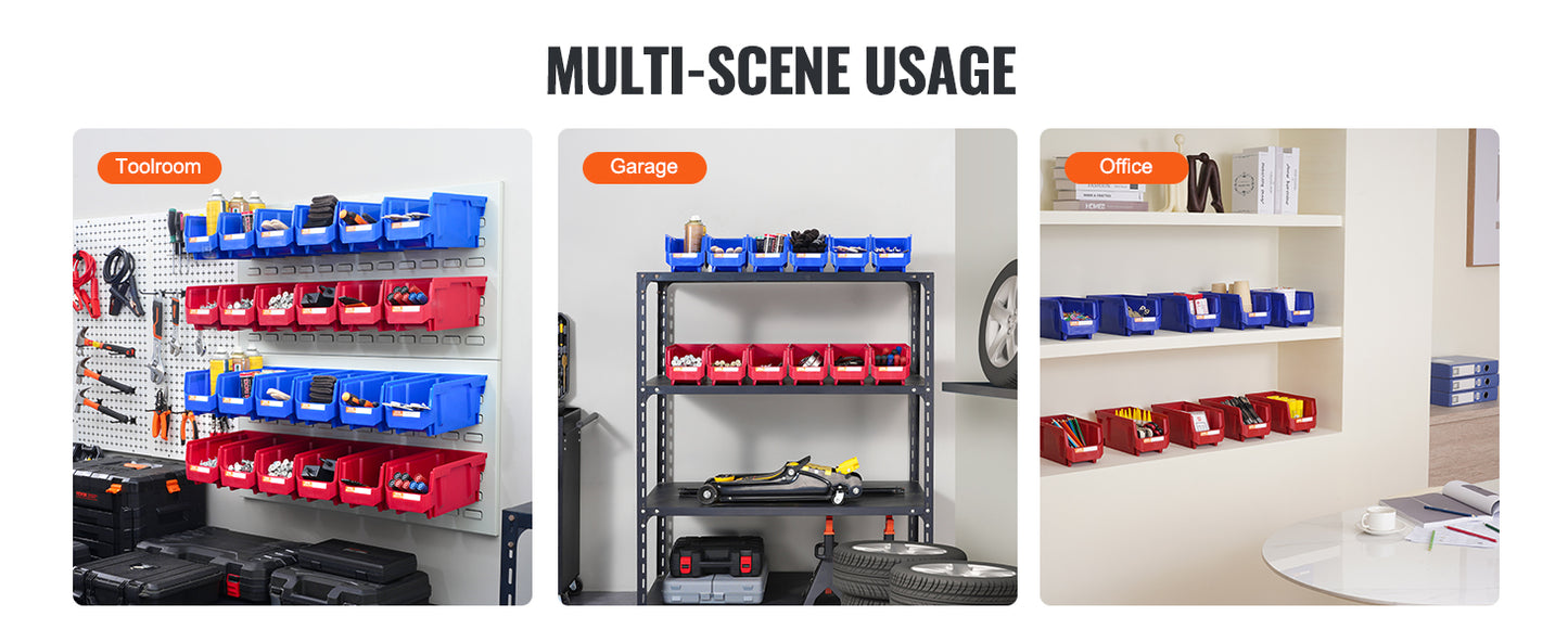 Stackable Plastic Garage Tool Storage Box Organizer Bin for Garage- 12pcs 5x5x10in Blue/Red